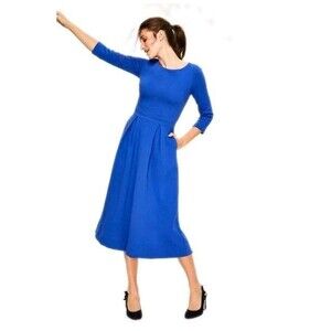 Boden Harley Textured Dress Midi Blue US 4R Small, 3/4 Sleeve Solid